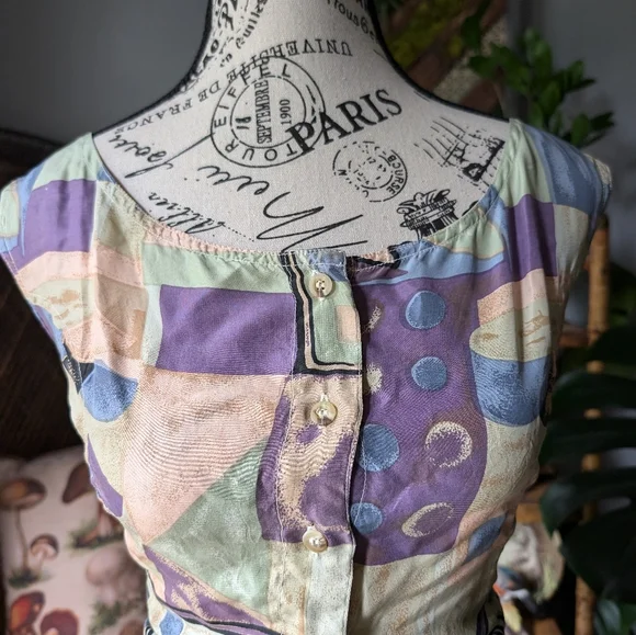 Vintage 100% Silk Geometric Pattern Dress Size L - Picture 2 of 10